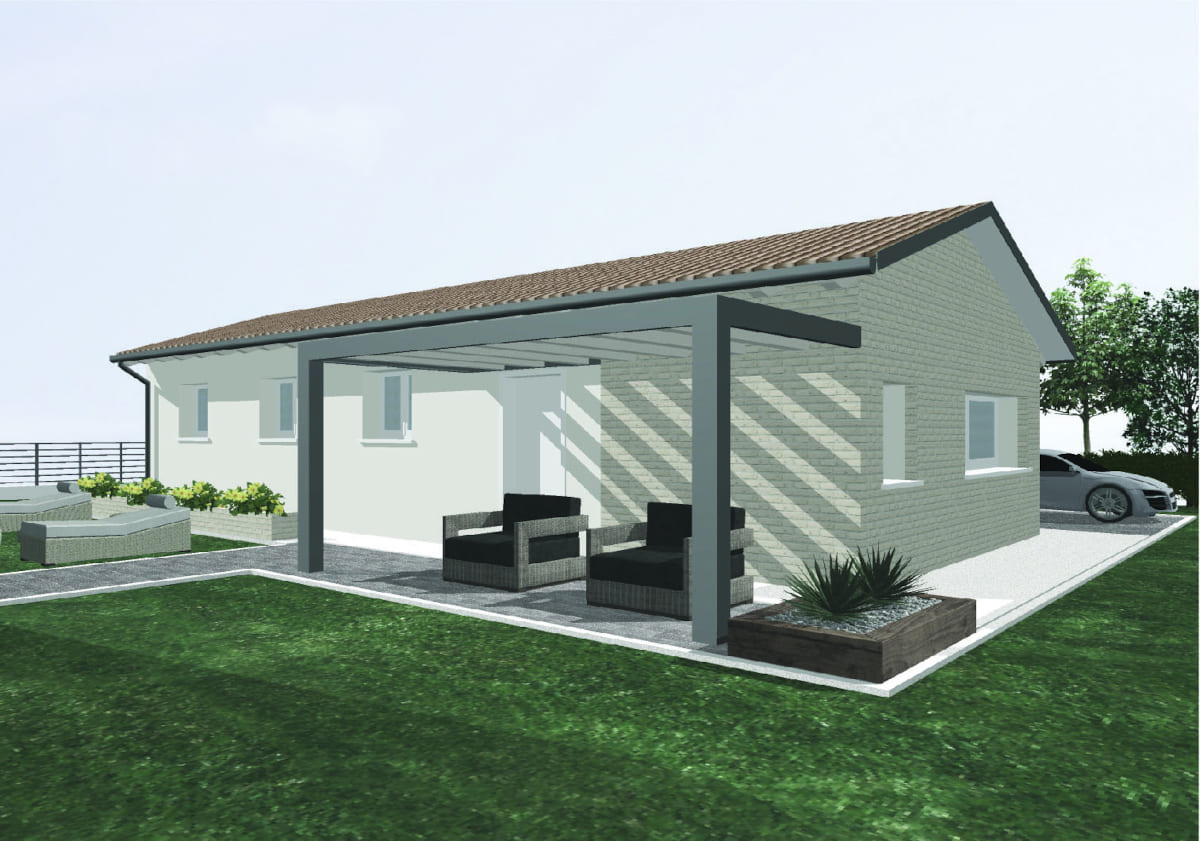 Rendering costruzione residenziale, abitazione su un unico piano. Progettazione case ed edifici residenziali