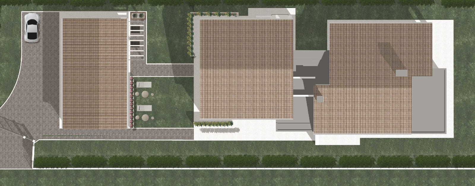 Rendering costruzione residenziale, abitazione su un unico piano, dett. 4. Architetto Luca Rigoni, Vicenza, Italia.