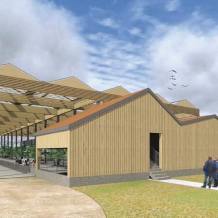 Progetto per azienda agricola, rendering della Stalla Giardino, dett. esterno. Luca Rigoni architetto, Bressanvido.