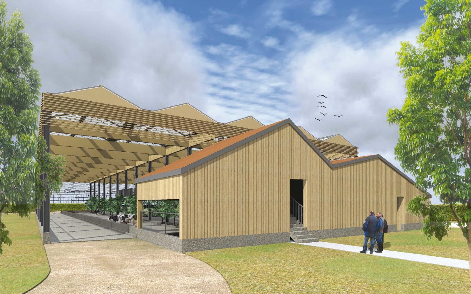 Progetto per azienda agricola, rendering della Stalla Giardino, dett. esterno. Luca Rigoni architetto, Bressanvido.