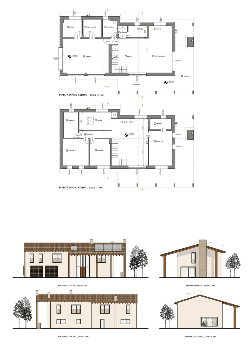 Ristrutturazione abitazione rurale, piantina e prospetto. Studio di architetti in provincia di Vicenza