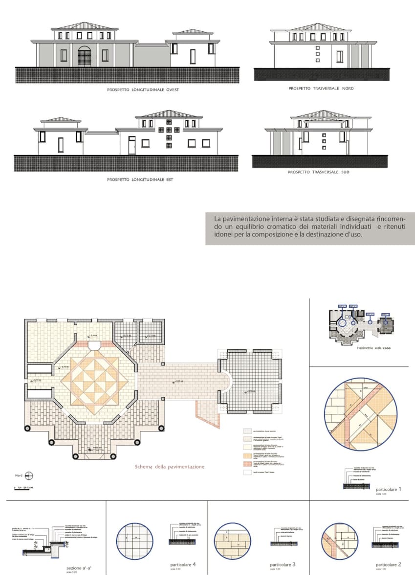 Progetto per cappella pubblica. Prospetti e schema della pavimentazione. Luca Rigoni, Vicenza.